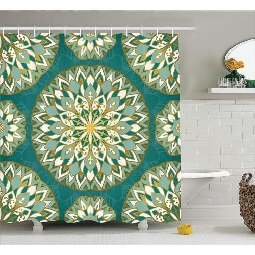Turquoise Shower Curtain Round Pattern with Emerald Mandala Elements Eastern Oriental Bathroom Decor Set with Hooks 70" Long