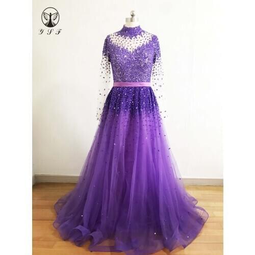 Designer Vestidos De Formature High Collar Beaded Stones Heavily Long Sleeve A Line Prom Dresses