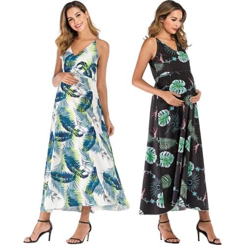 Elegant Maternity Dresses Sleeveless Suspender Leaf Print Dress Pregnancy Summer Beach Maxi Dress For Photo Shoot Pregnant Women