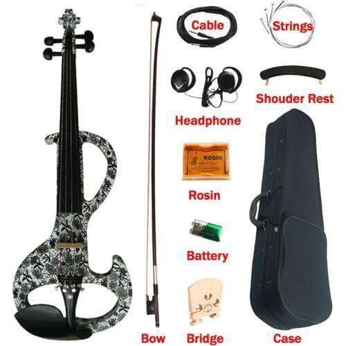 Middle-A Electric Art Violin Full Size 4/4 Black-white Flowers Solid Wood Ebony Fittings Silent Violino w/ Case Bow