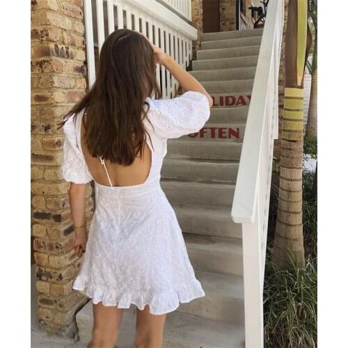 Happie Queens women white lace beach Bohemian mini dress Ladies square collar backless cotton Boho dress vestidos