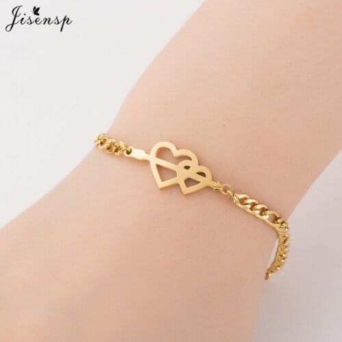 Jisensp Double Heart Charm Bracelet for Women Gold Pulsera Jewelry Stainless Steel Chain Armbanden Bijoux Femme Bridesmaid Gifts