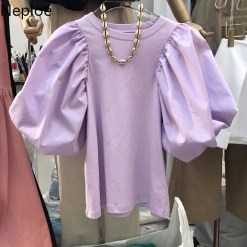 Neploe Korean T Shirt for Women 2021 Summer Clothing Puff Lantern Sleeve Tops White Tees Fashion Temperament Tshirt Femme Shirts