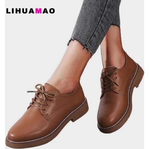 LIHUAMAO Women casual shoes round Toe oxford dreby Party Ladies Dress lace up flats leisure shoes sneaker slip on loafer