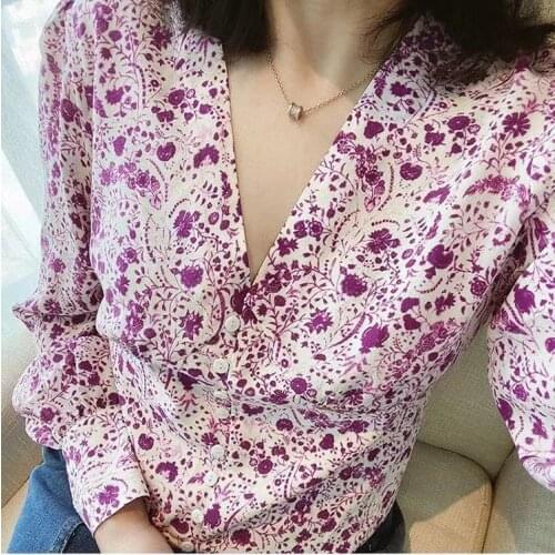Runway Fashion 100% Silk Shirt Women 2021 New Summer V-Neck Long Sleeve Flowers Print Short Blouse Sweet Tops