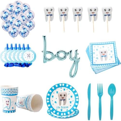 Baby First Tooth Theme Party Disposable Tableware Set Blue Paper Plate Cup Baby Shower Boy Toothed Party Supply Decorations