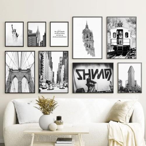 New York Statue Of Liberty Bridge Black White Wall Art Canvas Painting Nordic Posters And Prints Wall Pictures For Living Room
