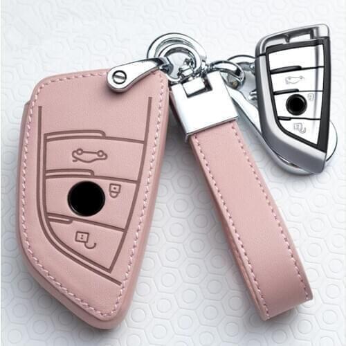 Genuine Leather Pink Car Key Cover Case Holder Chain For BMW 1 3 5 6 Series X1 X3 X4 X5 X6 525i i530 E90 E60 E70 E87 F10 F15 F16