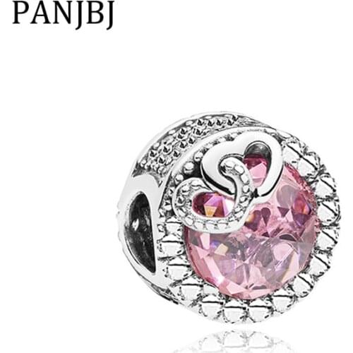 New Original Alloy Bead Double Hearts Love Charm Pink CZ Fit Bracelet Bangle Necklace DIY Women Jewelry
