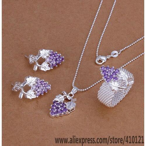 S136 Hot Sale High Quality Anniversary Jewelry Sets, Fashion Jewelry Elegant Charms Fashion Purple Grape Ring Earrings Necklace
