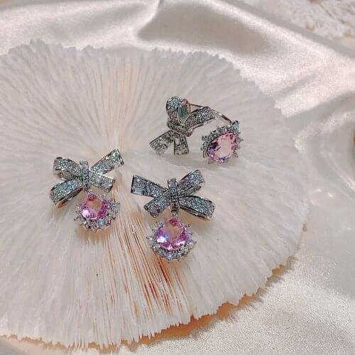 Korean Style Luxury Crystal Drop Earrings Geometric Bowknot Rhinestone Earrings for Women Simple Graceful Temperament Jewelry