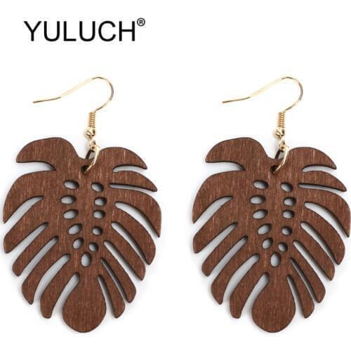 YULUCH Natural Wood Hollow Leaf Pattern Statement Earrings Fashion Jewelry For Women Ethnic Life Tree Leaf Long Earrings Female