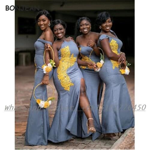 Grey Bridesmaid Dresses Mermaid 2021 Gold Lace Off-The-Shoulder South AfricanSplit Side Bridemaid Dress for Wedding Party Dress