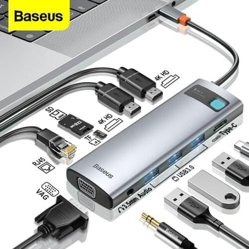 Baseus 11 in 1 USB C HUB to HDMI-compatible VGA RJ45 Card Reader 3.5 Jack USB 3.0 Docking Station Adapter For Laptop Macbook Pro