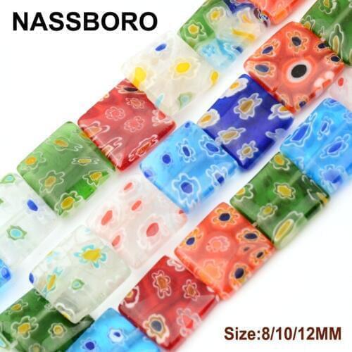 Colorful Flower Pattern Square Glass Beads Lampwork Bead Spacer Beads DIY Bracelet Jewelry Making Needlework Craft NASSBORO
