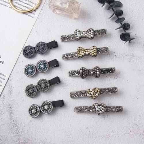 Vintage Simulated Pearl Beaded Bowknot Sweet Love Heart Hair Clip for Women Fashion Shiny Rhinestone Round Hairpins HC037