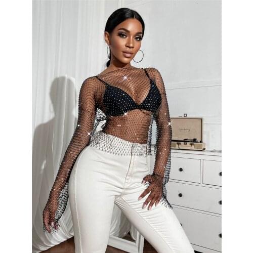 2021 Summer Fashion Star New High Quality Womens Hollow Perspective Grid Flashing Round Neck Long Sleeve Shirt S51