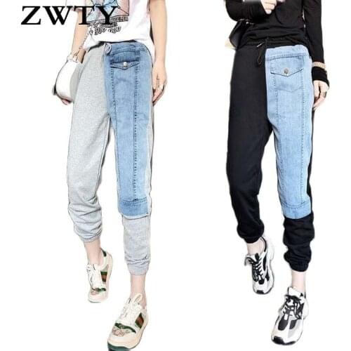 ZWTY Womens Elastic Waist Loose Stitching Denim Asymmetric Color Matching Casual Pants 2021 Spring Autumn New Pants DJ608