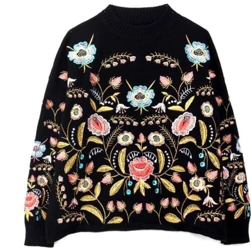 Spring 2021 Vintage Pullover Round Collar Flowers Embroidery Top Loose Korean Autumn Long Sleeve Women New Fashion Sweater Y2k