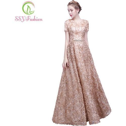 SSYFashion New Elegant Khaki Lace Evening Dress The Bride Banquet Simple Floor-length Prom Dress Custom Made Party Formal Gown