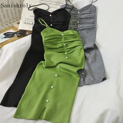 Sanishroly Women Long Spaghetti Strap Dresses Sexy Split Beading Knitted Dress Female Sleeveless Bodycon Tank Dress Vestidos 040