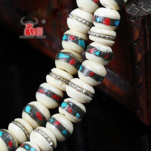 10PCS Bovine bone inlaid with copper coral songstone Tibetan buddhist bracelet DIY accessories. Hole 1.5mm