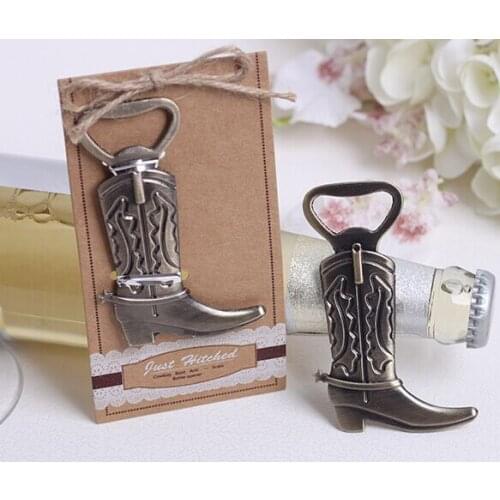25Pcs/Lot Lace wedding favors of "Just Hitched" Cowboy Boot Beer Bottle Opener Wedding Gift with Lace card For Party Decorations
