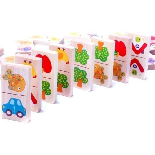 28PCS Kids Toys Wooden Fruit Animal Recognize Blocks Dominoes Jigsaw Montessori Children Early Learning & Education Puzzle Toy