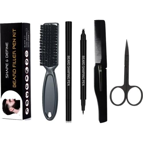 8 Sets Beard Pen Beard Brush Beard Styling Comb Small Scissors Comb Combo Set Beard Styling Tool Black Beard Filling Pen TSLM1