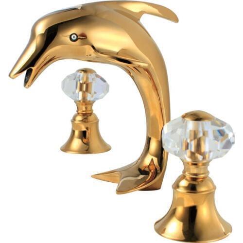 Free ship Ti-gold 3 Holes 8" WIDESPREAD LAVATORY BATHROOM SINK dolphin FAUCET mixer tap Crystal handles deck mounted