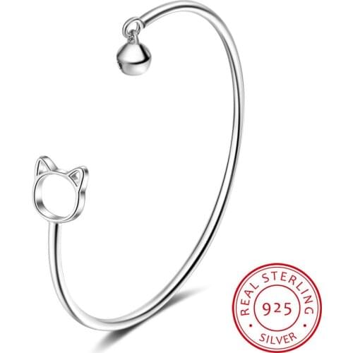 925 Sterling Silver Adjustable Cat and Jingle Bell Charm Bracelet & Bangle For Women Party Gift Prevent Allergy Femme Jewelry