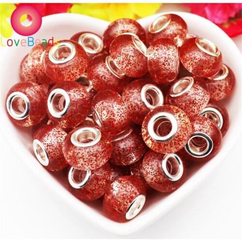 10pcs Red Color Glitter 14x9mm Large Hole Rondelle Beads Murano Spacer Fit Women Pandora Bracelet Slider Charms Necklace Jewelry