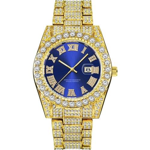 Luxury Gold Roman Bling Hip Hop Full Iced Out Watch Quartz Blue Diamond Watches Men Silver Gold Men Diomand Reloj De Diamantes