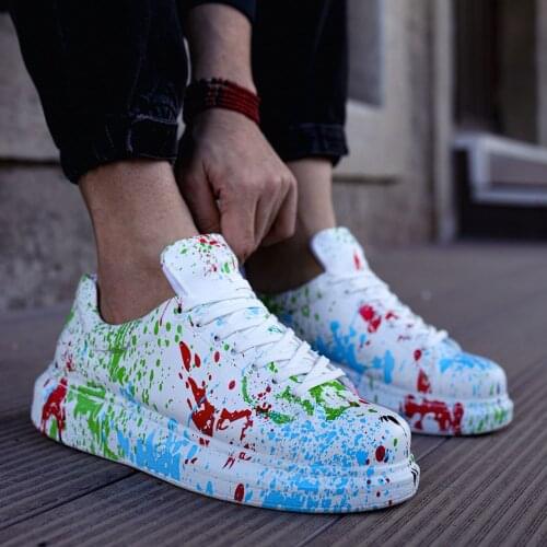 Chekich Mens & Womens Shoes White Mixed Color Pattern Artificial Leather Laced Print Spring Season Unisex Sneakers Odorless Casual Brush Comfortable Office University Colorful Sole Lightweight Daily Luxury CH255 V2