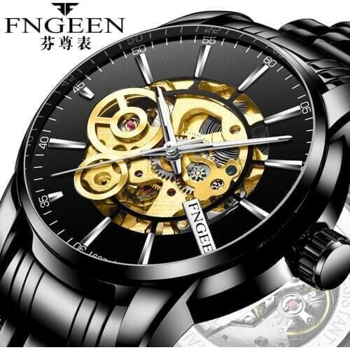 Black Wristwatch Big Dial Fully Self Wind Automatic Mechanical Watches Male Clock Hollow Luminous Hodinky Steel Waterproof Watch