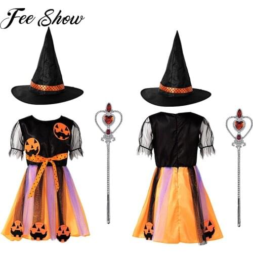 Hot Girls Halloween Party Princess Dress Children Kids Cosplay Witch Costume Carnival Party Witch Dress with Hat for Roleplay