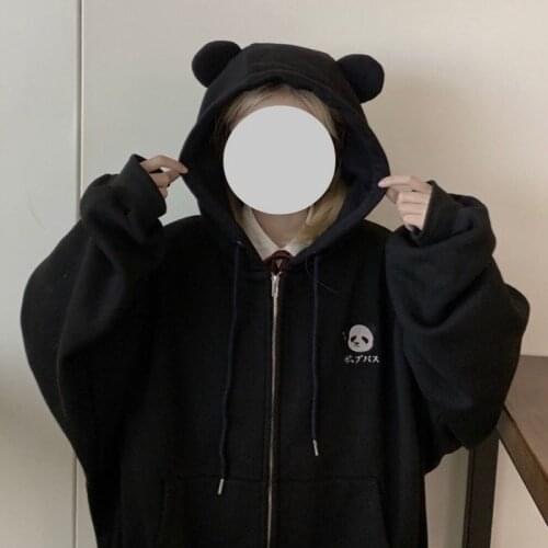 HOUZHOU Kawaii Zip Up Hoodie Black Long Sleeve Harajuku Panda Ear Zipper Sweatshirts Girls Korean Fashion Womens Spring Coat