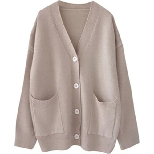 Korean Female Green Jacket Coat Autumn Winter Women Long Cardigan with Pocket 2021 New Casual Solid Loose Knitted Sweater Tops