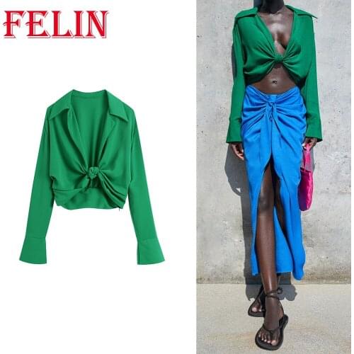Fashion Women Summer Green Loose Za Shirt V-Neck Cardigan Knotted Long Sleeve Elegant Mujer Tops Casual Blouses