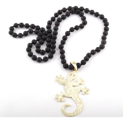 Fashion Bohemian Jewelry Lava Stone Knotted Metal Gecko Pendant Necklaces