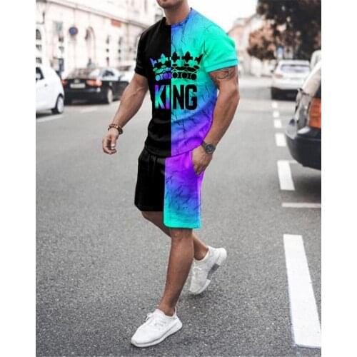 Fashion Retro Men Suit Two Piece Athleisure Sportswear Harajuku Printed Short Sleeve T-Shirt Shorts Casual Streetwear Plus Size