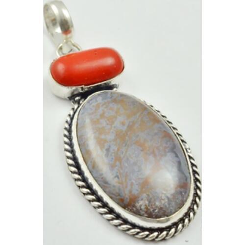 Moss Agates & Coral Pendant Silver Overlay over Copper , 63 mm, P3273