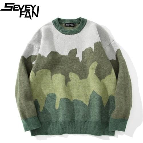 SEVEYFAN Mens Fashion Color Contrast Jacquard Sweater Loose O Neck Cotton Pullover Knitwear for Couples