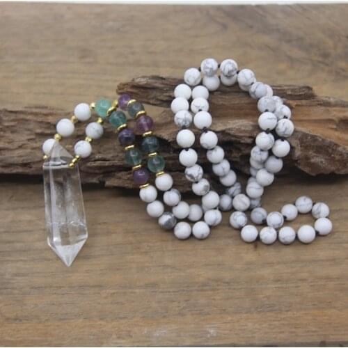 Natural Crystal Double Point Pendants Yoga Necklace White Turquoises Fluorite Round Beads Knotted Handmade Mala Jewelry,QC0119