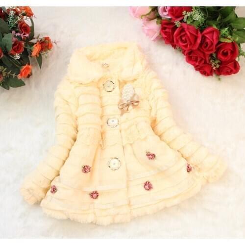 Autumn Winter Children Faux Fur Dress Jacket Outwear Baby Girls Fur Warm Coat Kids Clothing With Pearl Lace Flower Wear Clothes