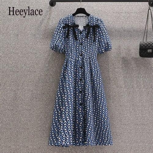 Plus Size Office Ladies Elegant Vintage Long Dress Summer bow V Neck Short Sleeve Print High Waist A-line dresses 2021 Vestidos