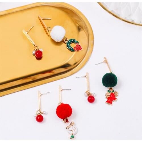Christmas Jewelry Cute Enamel Garland Bell Snowman Drop Earrings For Women Girls Bead Pom Pom Asymmetrical Dangle Earring Gifts