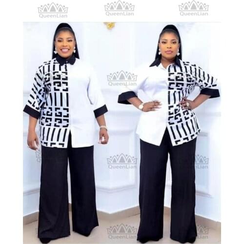 2 Colors Chiffon Top With Wide Leg Pants African Clothse New Fashion Suit (Dress and Trousers) For Lady(FTZ#)