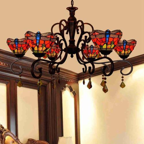 Tiffany Baroque red Dragonfly Stained Glass Suspended Luminaire E27 110-240V Chain Pendant lights for Home Parlor Dining Room