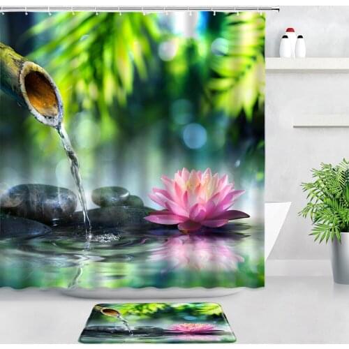 Green Bamboo Zen Garden Scenery Shower Curtains Bath Mats Set Black Stone Pink Lotus Water Bathroom Carpet Door Pad Non-slip Rug